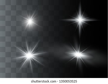 White glowing light explodes on a transparent background. Sparkling magical dust particles. Bright Star. Transparent shining sun, bright flash. Vector sparkles. To center a bright flash.