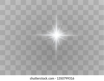 White glowing light explodes on a transparent background. Sparkling magical dust particles. Bright Star. Transparent shining sun, bright flash. Vector sparkles. To center a bright flash.