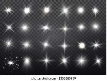 White glowing light explodes on a transparent background. Sparkling magical dust particles. Bright Star. Transparent shining sun, bright flash. Vector sparkles. To center a bright flash.