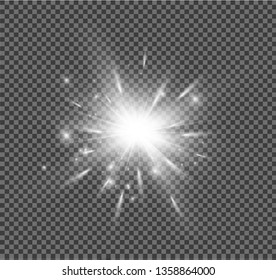 White glowing light explodes on a transparent background. Sparkling magical dust particles. Bright Star. Transparent shining sun, bright flash. Vector sparkles. To center a bright flash.