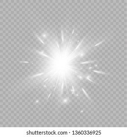 White glowing light explodes on a transparent background. Sparkling magical dust particles. Bright Star. Transparent shining sun, bright flash. Vector sparkles. To center a bright flash.