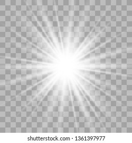 White glowing light explodes on a transparent background. with ray. Transparent shining sun, bright flash.Glow light effect. Star burst with sparkles.