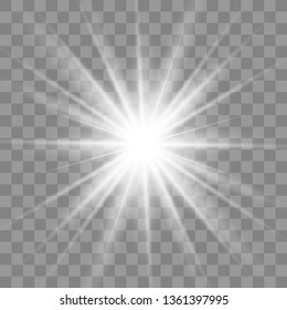 White glowing light explodes on a transparent background. with ray. Transparent shining sun, bright flash.Glow light effect. Star burst with sparkles.