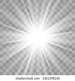 White glowing light explodes on a transparent background. with ray. Transparent shining sun, bright flash.Glow light effect. Star burst with sparkles.
