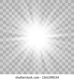 White glowing light explodes on a transparent background. with ray. Transparent shining sun, bright flash.Glow light effect. Star burst with sparkles.