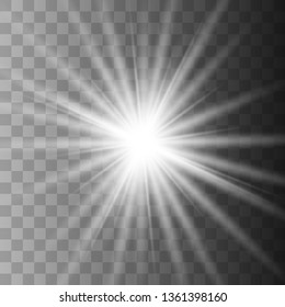 White glowing light explodes on a transparent background. with ray. Transparent shining sun, bright flash.Glow light effect. Star burst with sparkles.