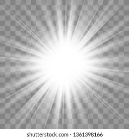 White glowing light explodes on a transparent background. with ray. Transparent shining sun, bright flash.Glow light effect. Star burst with sparkles.