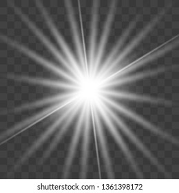 White glowing light explodes on a transparent background. with ray. Transparent shining sun, bright flash.Glow light effect. Star burst with sparkles.