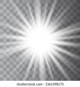 White glowing light explodes on a transparent background. with ray. Transparent shining sun, bright flash.Glow light effect. Star burst with sparkles.