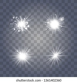 White glowing light explodes on a transparent background. with ray. Transparent shining sun, bright flash.Glow light effect. Star burst with sparkles.