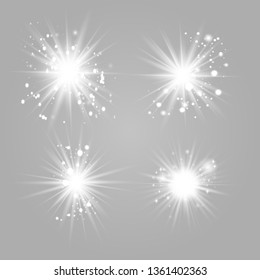 White glowing light explodes on a transparent background. with ray. Transparent shining sun, bright flash.Glow light effect. Star burst with sparkles.