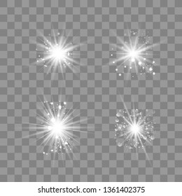 White glowing light explodes on a transparent background. with ray. Transparent shining sun, bright flash.Glow light effect. Star burst with sparkles.
