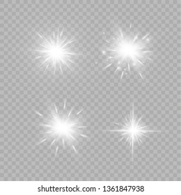 White glowing light explodes on a transparent background. Sparkling magical dust particles. Bright Star. Transparent shining sun, bright flash. Vector sparkles. To center a bright flash.