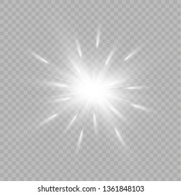 White glowing light explodes on a transparent background. Sparkling magical dust particles. Bright Star. Transparent shining sun, bright flash. Vector sparkles. To center a bright flash.