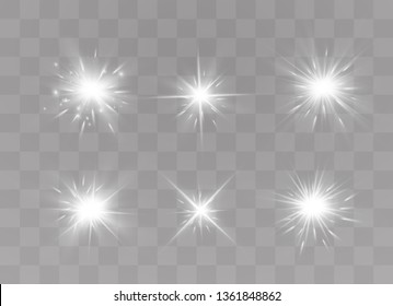 White glowing light explodes on a transparent background. Sparkling magical dust particles. Bright Star. Transparent shining sun, bright flash. Vector sparkles. To center a bright flash.