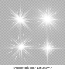 White glowing light explodes on a transparent background. Sparkling magical dust particles. Bright Star. Transparent shining sun, bright flash. Vector sparkles. To center a bright flash.