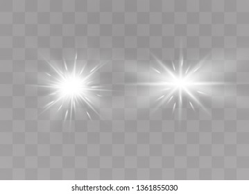 White glowing light explodes on a transparent background. Sparkling magical dust particles. Bright Star. Transparent shining sun, bright flash. Vector sparkles. To center a bright flash.