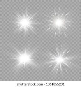 White glowing light explodes on a transparent background. Sparkling magical dust particles. Bright Star. Transparent shining sun, bright flash. Vector sparkles. To center a bright flash.