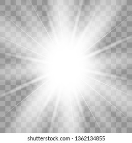 White glowing light explodes on a transparent background. with ray. Transparent shining sun, bright flash.Glow light effect. Star burst with sparkles.