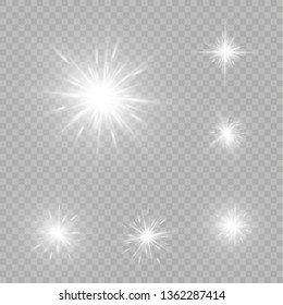 White glowing light explodes on a transparent background. Sparkling magical dust particles. Bright Star. Transparent shining sun, bright flash. Vector sparkles. To center a bright flash.