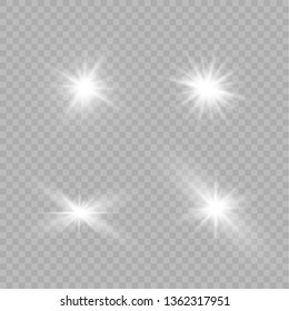 White glowing light explodes on a transparent background. Sparkling magical dust particles. Bright Star. Transparent shining sun, bright flash. Vector sparkles. To center a bright flash.