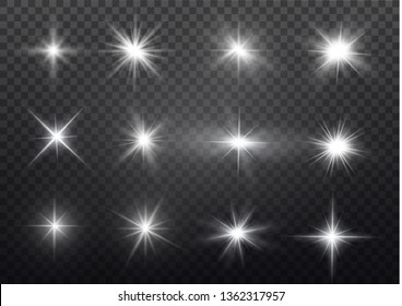 White glowing light explodes on a transparent background. Sparkling magical dust particles. Bright Star. Transparent shining sun, bright flash. Vector sparkles. To center a bright flash.
