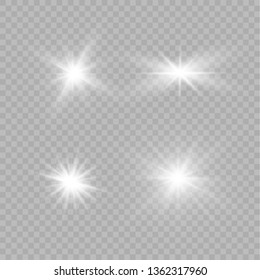 White glowing light explodes on a transparent background. Sparkling magical dust particles. Bright Star. Transparent shining sun, bright flash. Vector sparkles. To center a bright flash.