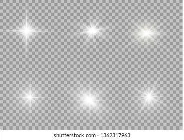 White glowing light explodes on a transparent background. Sparkling magical dust particles. Bright Star. Transparent shining sun, bright flash. Vector sparkles. To center a bright flash.