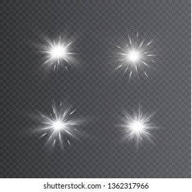 White glowing light explodes on a transparent background. Sparkling magical dust particles. Bright Star. Transparent shining sun, bright flash. Vector sparkles. To center a bright flash.