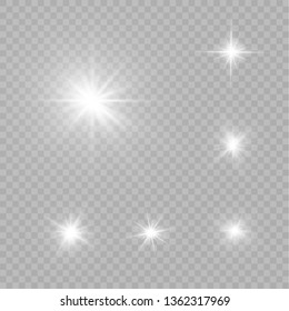 White glowing light explodes on a transparent background. Sparkling magical dust particles. Bright Star. Transparent shining sun, bright flash. Vector sparkles. To center a bright flash.
