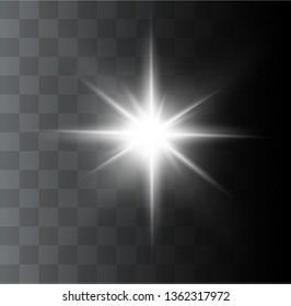 White glowing light explodes on a transparent background. Sparkling magical dust particles. Bright Star. Transparent shining sun, bright flash. Vector sparkles. To center a bright flash.