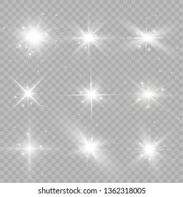 White glowing light explodes on a transparent background. Sparkling magical dust particles. Bright Star. Transparent shining sun, bright flash. Vector sparkles. To center a bright flash.