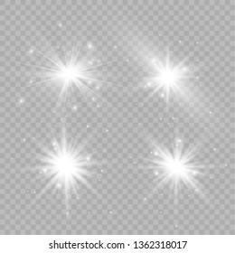 White glowing light explodes on a transparent background. Sparkling magical dust particles. Bright Star. Transparent shining sun, bright flash. Vector sparkles. To center a bright flash.
