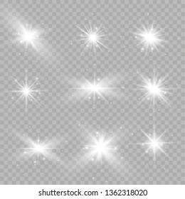 White glowing light explodes on a transparent background. Sparkling magical dust particles. Bright Star. Transparent shining sun, bright flash. Vector sparkles. To center a bright flash.