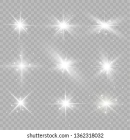 White glowing light explodes on a transparent background. Sparkling magical dust particles. Bright Star. Transparent shining sun, bright flash. Vector sparkles. To center a bright flash.