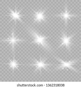 White glowing light explodes on a transparent background. Sparkling magical dust particles. Bright Star. Transparent shining sun, bright flash. Vector sparkles. To center a bright flash.