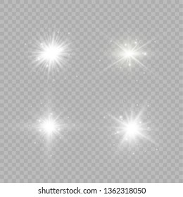 White glowing light explodes on a transparent background. Sparkling magical dust particles. Bright Star. Transparent shining sun, bright flash. Vector sparkles. To center a bright flash.