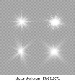 White glowing light explodes on a transparent background. Sparkling magical dust particles. Bright Star. Transparent shining sun, bright flash. Vector sparkles. To center a bright flash.