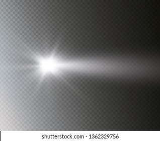 White glowing light explodes on transparent background. The lighthouse on the sea shines light. Bright Star. In the center of a bright flash.