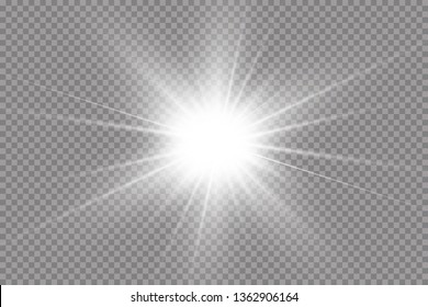White glowing light explodes on a transparent background. with ray.  Transparent shining sun, bright flash.  Special lens flare light effect.

