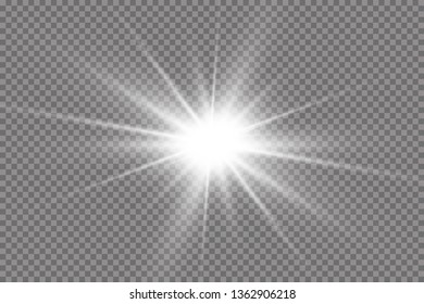 White glowing light explodes on a transparent background. with ray.  Transparent shining sun, bright flash.  Special lens flare light effect.
