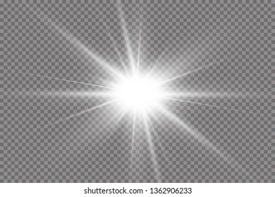 White glowing light explodes on a transparent background. with ray.  Transparent shining sun, bright flash.  Special lens flare light effect.

