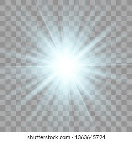 White glowing light explodes on a transparent background. with ray. Transparent shining sun, bright flash.Glow light effect. Star burst with sparkles.