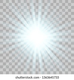 White glowing light explodes on a transparent background. with ray. Transparent shining sun, bright flash.Glow light effect. Star burst with sparkles.