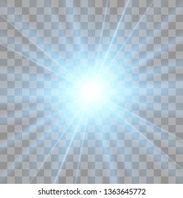 White glowing light explodes on a transparent background. with ray. Transparent shining sun, bright flash.Glow light effect. Star burst with sparkles.
