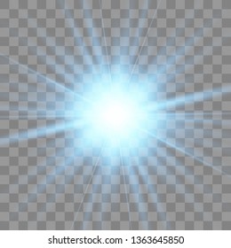 White glowing light explodes on a transparent background. with ray. Transparent shining sun, bright flash.Glow light effect. Star burst with sparkles.