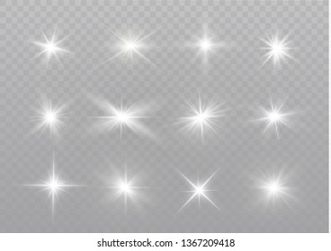 White glowing light explodes on a transparent background. Sparkling magical dust particles. Bright Star. Transparent shining sun, bright flash. Vector sparkles.