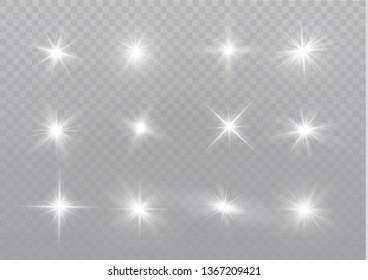 White glowing light explodes on a transparent background. Sparkling magical dust particles. Bright Star. Transparent shining sun, bright flash. Vector sparkles.