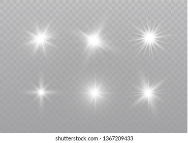 White glowing light explodes on a transparent background. Sparkling magical dust particles. Bright Star. Transparent shining sun, bright flash. Vector sparkles.