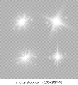 White glowing light explodes on a transparent background. Sparkling magical dust particles. Bright Star. Transparent shining sun, bright flash. Vector sparkles.